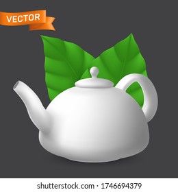 Vista lateral de la tetera de porcelana con hojas de menta. Ilustración vectorial realista del hervidor de cerámica con tapa. Vajilla moderna de vajilla para té y otras bebidas calientes
