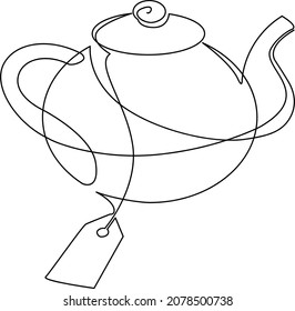 Porcelain teapot and tea bag. Continuous line drawing. Vector illustration.