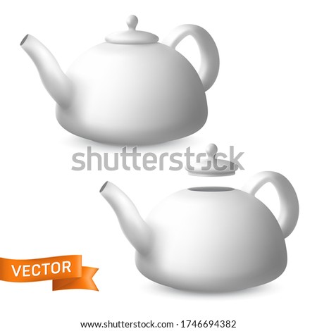 Porcelain teapots side view vector set. Realistic illustration of ceramic kettles with lids. Modern tableware crockery pot for tea and other hot drinks preparation