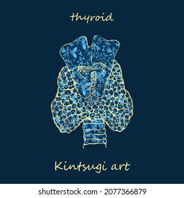 Porcelain thyroid decorated blue plant pattern decorated golden craquelure in kintsugi art style. Modern upcycling eco trend. Good fashion fabric design, scrapbooking sticker Vector illustration