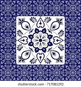 Porcelain tiles floor. Flowers pattern vector with ceramic texture. Big tile in center is framed. Background with portuguese azulejo, mexican talavera, spanish, italian majolica, delft dutch motifs.