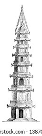 Porcelain Tower at Nankin made its entrance into China with the worship of Buddha, historical site located on the south bank, constructed in the 15th century, vintage line drawing or engraving