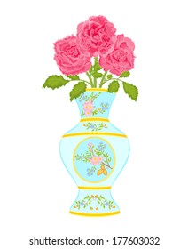 Porcelain Vase decorated with a floral pattern with roses vector illustration