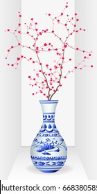 Porcelain vase and sakura branch graphic vector