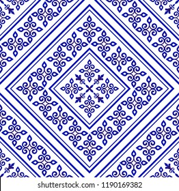 Porcelain Wallpaper In Baroque Style, Damask Floral Background, Blue And White Vases Flower Ornament, Simple Decoration Art, Ceramic Tile Pattern Seamless Vector, Chinese Machine Design