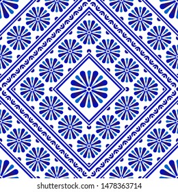 Porcelain wallpaper in baroque style, decorative floral background, blue and white vases flower ornament, simple decoration art, ceramic tile pattern, Chinese machine seamless indigo design vector
