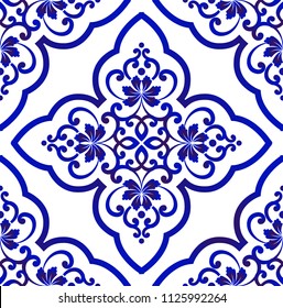 Porcelain wallpaper in baroque style, Islamic floral background, blue and white vases flower ornament, simple decoration art, ceramic tile pattern seamless vector, Chinese machine design
