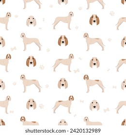 Porcelaine dog seamless pattern. Different poses, coat colors set.  Vector illustration