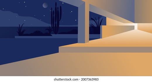 Porch of a Country house at night. Modern residential architecture, abstract flat vector illustration. Background layout for landing page, banner or postcard design.