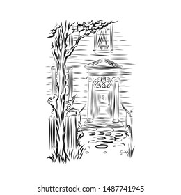 Porch and entrance door of wooden house. Facade of the building in graphic style. 