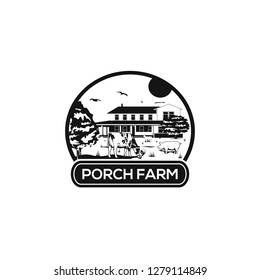 Porch Farm. Farmhouse Concept. Black and white Illustration