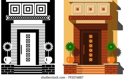 Porch of house. Black & White and color illustrations