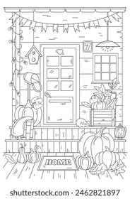 Porch Of House Decorated With Pumpkins In Autumn Is Coloring Page For Adults