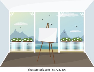 Porch interior with an easel and beautiful view. Flat style vector illustration.