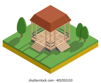 Porch Isometric Vector. Backyard With Trees. 