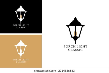 Diseño de Vector de logotipo de luz de porche con icono de lámpara de linterna clásica para iluminación exterior, decoración del hogar, bienes raíces e identidad de marca arquitectónica