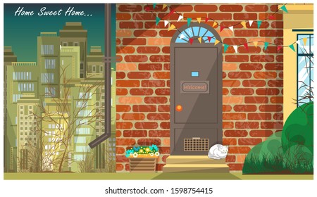 Porch of a small brick cottage with flowers and a white cat on the steps. Skyscrapers of the megalopolis are visible in the background. The inscription at the top right is Home, sweet home. Vector