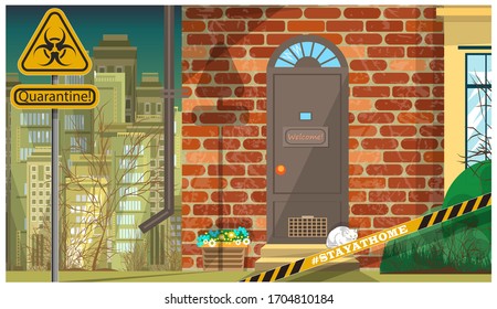 Porch of a small brick cottage with flowers and a white cat on the steps. Skyscrapers of the megalopolis are visible in the background