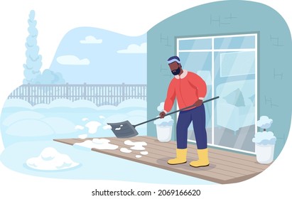 Porch snow removal 2D vector isolated illustration. Seasonal cleaning outside residential home. Man working with shovel flat character on cartoon background. Wintertime activities colourful scene