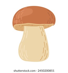 Hongo del bosque Porcini. Hongo boletus edulis dibujado a mano. Porcini hongos comestibles frescos elemento de decoración de estilo de dibujos animados. Cep. Rey bolete sobre fondo blanco. Ilustración vectorial de panecillo