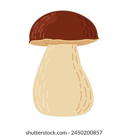 Porcini forest mushroom. Hand drawn boletus edulis fungus. Porcini fresh edible mushrooms cartoon style decor element. Cep. King bolete on white background. Penny bun Vector illustration