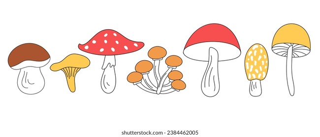 Porcini mushroom, chanterelle, honey fungus, fly agaric, edible and inedible mushrooms for various autumn and culinary designs. Set of cute mushrooms in vector doodle style, isolated.