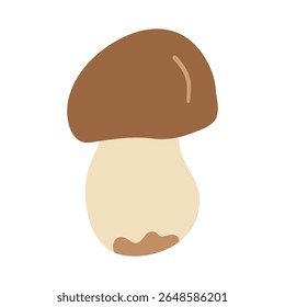 Porcini mushroom with large brown cap and thick pale stem. Hand drawn flat vector illustration