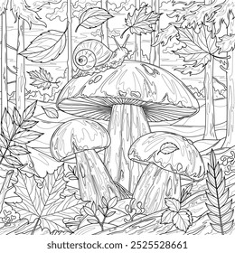 Porcini mushrooms in the autumn forest.Coloring book antistress for children and adults. Illustration isolated on white background.Zen-tangle style. Hand draw