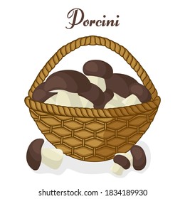 Porcini mushrooms in a basket. Organic product. Relistic on a white background. It can be used as a logo, label, product packaging, sticker. Vector illustration.