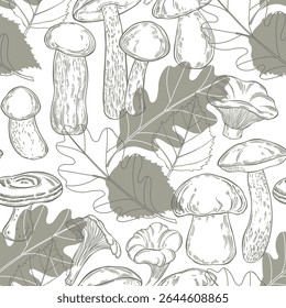 Cogumelos porcini, chanterelles, capas de leite de açafrão, boletes de bétula, boleto de gorro laranja, cogumelos de leite, folhas de carvalho e bétula em branco. Padrão de vetor contínuo.  Perfeito para papel de parede de design e têxtil
