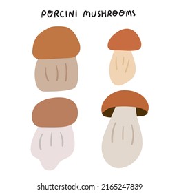 Porcini mushrooms. Collection of hand drawn illustrations on white background.