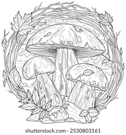 Cogumelos porcini em uma moldura de ramos.Colorir livro antistress para crianças e adultos. Ilustração isolada no estilo background.Zen-tangle branco. Desenho da mão