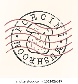 Porcini Stamp Postal. Premium Mushroom Silhouette Seal. Passport Round Design. Vector Icon. Design Retro Travel.