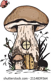 porcini vector drawing. fantastic fungi with doors and windows vector sketch coloring. white mushrooms. Vector sketch. eps	