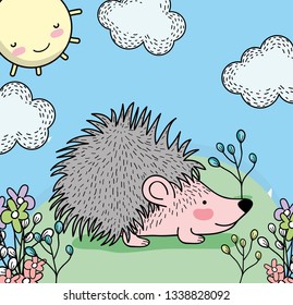 porcupine animal with plants and happy sun