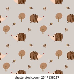 Porcupine cartoon so cute. On tree mushroom acorn background. Pattern seamless vector illustration. 