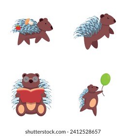 Porcupine icons set cartoon vector. Funny porcupine doing various activity. Cartoon character