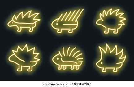 Porcupine icons set. Outline set of porcupine vector icons neon color on black