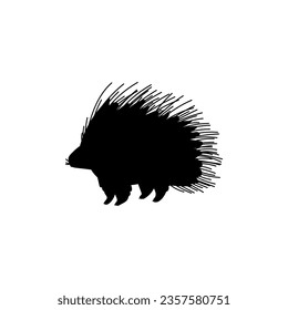 Porcupine with long spines on the back black silhouette. North America animals. Herbivore forest prickly mammal. Vector engraved illustration isolated on white background.