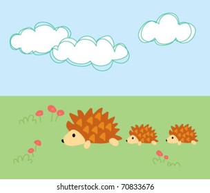 porcupine mother with her children running on grass illustration