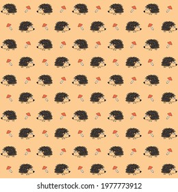 Porcupine with mushroom on brown background repeat pattern