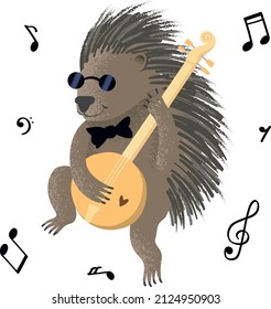 Porcupine musician plays the banjo. Musical notes. Vector illustration.