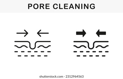 Pore Cleansing Line and Silhouette Icon Set. Facial Skin Care Cleaning Pictogram. Pore Narrowing. Process of Narrow Pore, Skin Treatment, Skincare Symbol Collection. Isolated Vector Illustration.