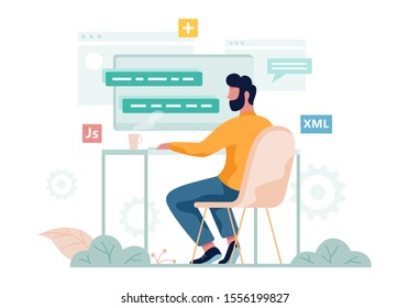 Porgrammer sitting at desk and working on laptop computer. Web developer workplace. Software programming. Isolated vector illustration in cartoon style