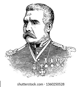 Porifirio diaz was president of Mexico from 1876-1880, served seven times as an president vintage line drawing.