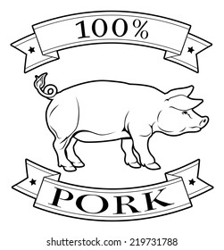 Pork 100 percent label with pig or and reading 100 percent pork