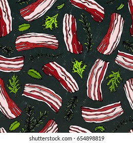 Pork Bacon, Herbs, Olives and Capers Seamless. Isolated on a Black Chalkboard Background. Food Pattern. Realistic Doodle Cartoon Style Hand Drawn Sketch Vector Illustration.