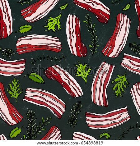 Pork Bacon, Herbs, Olives and Capers Seamless. Isolated on a Black Chalkboard Background. Food Pattern. Realistic Doodle Cartoon Style Hand Drawn Sketch Vector Illustration.
