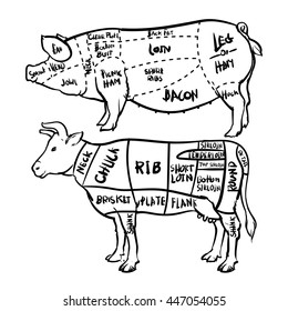 Pork Beef Cuts Diagram Butchery Set Stock Vector (Royalty Free ...