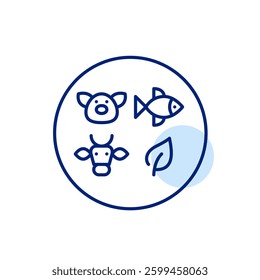 Pork, beef, fish or vegetables as sources of protein. Diet restrictions. Restaurant or takeaway menu. Pixel perfect, editable stroke vector icon